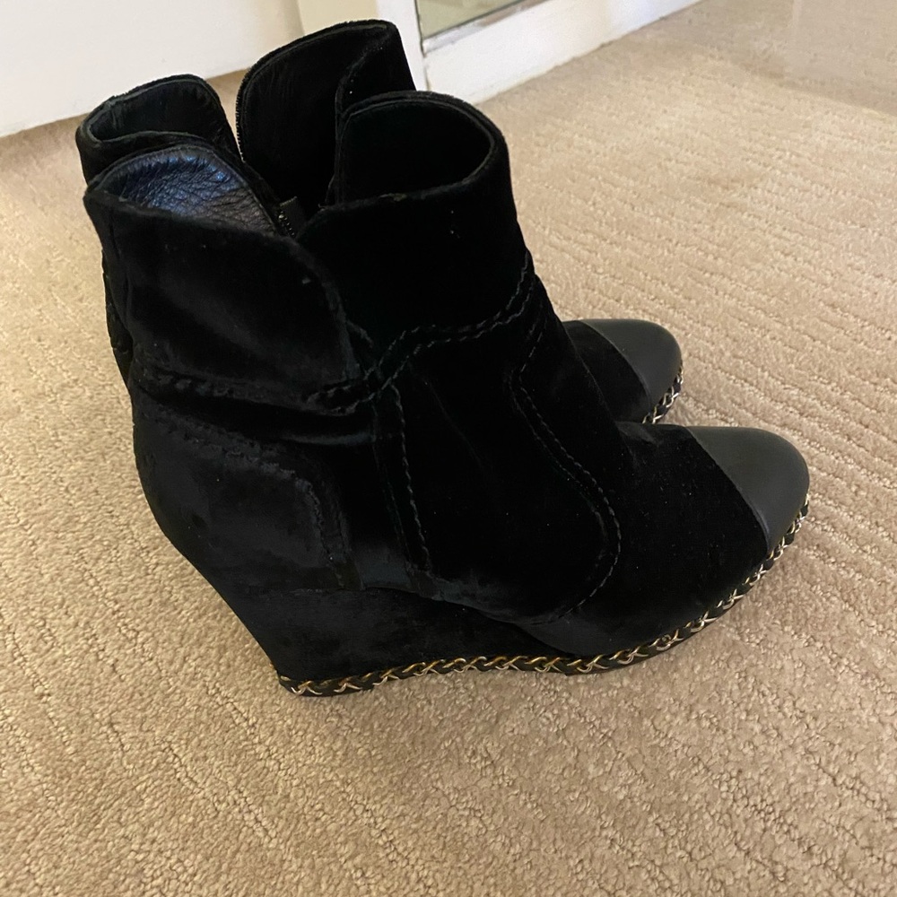 Chanel velvet Black Wedge Ankle Boots